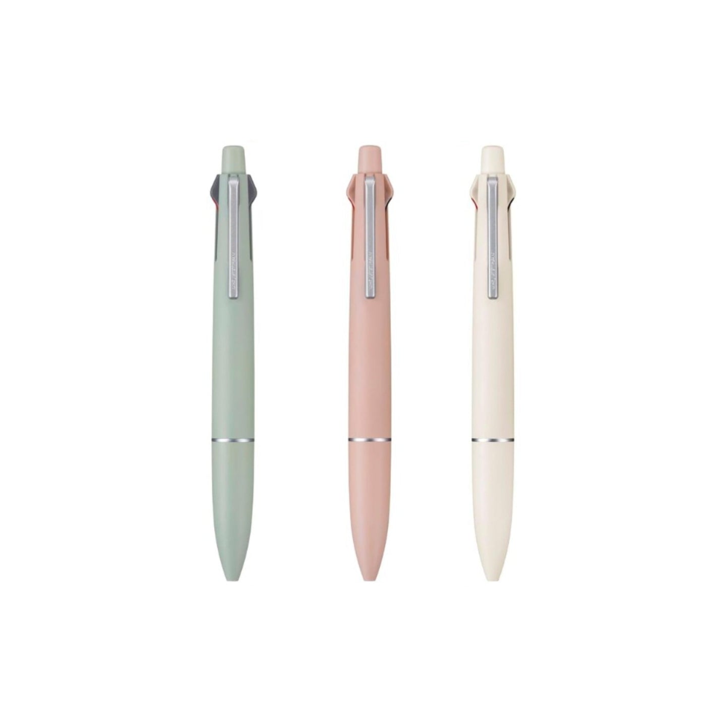 Multi-colour pens in sage green, coral & cream white on white background.