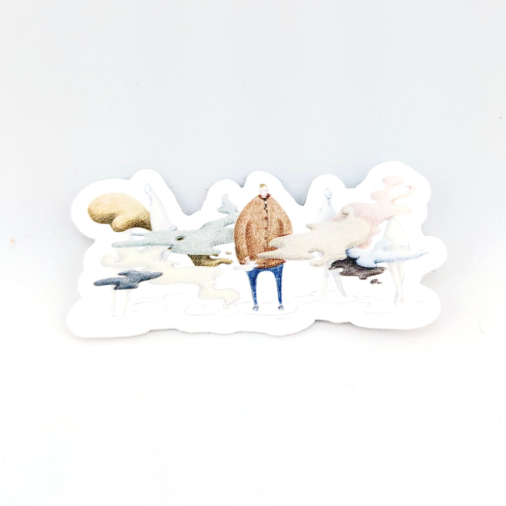 Vinyl sticker with illustration of a man in crowd.