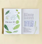 Opened book with illustrations of bitter gourds on left and text on right, set against light yellow background.