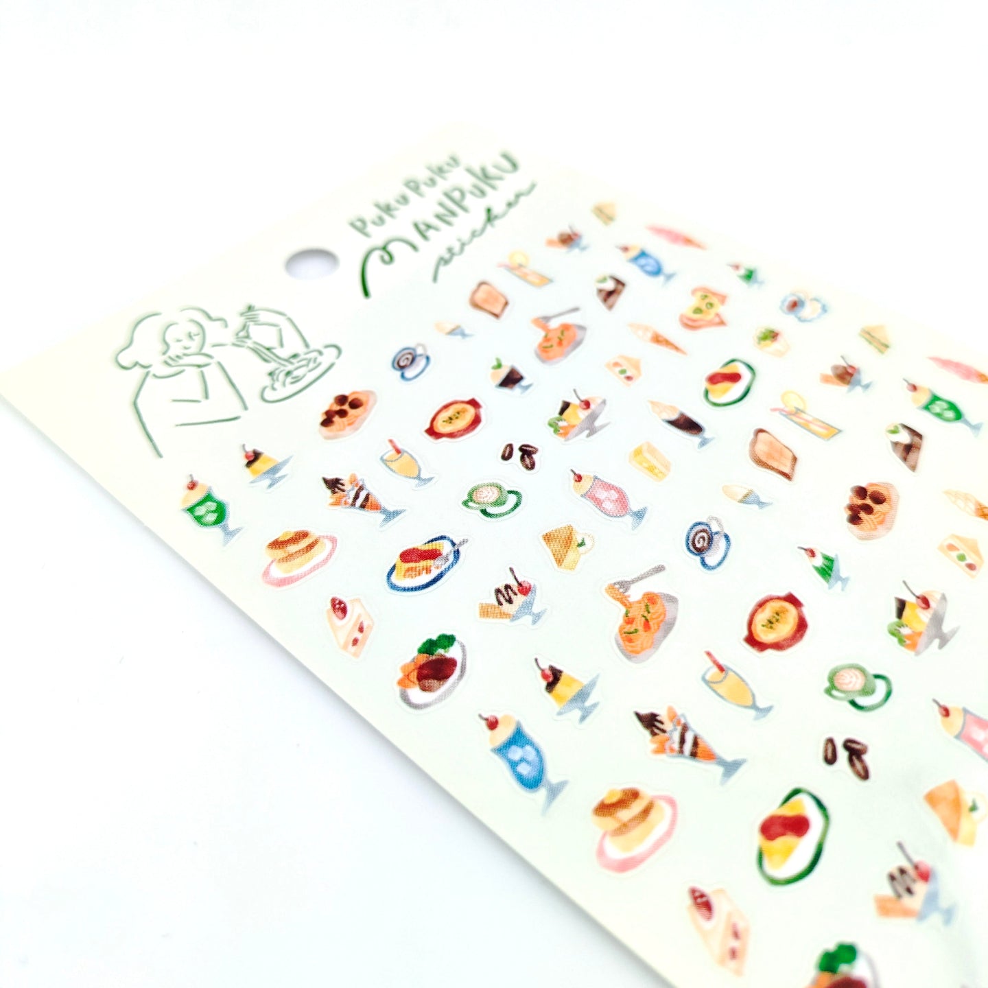 Sheet of Western-food theme mini stickers with green back card placed on white background.