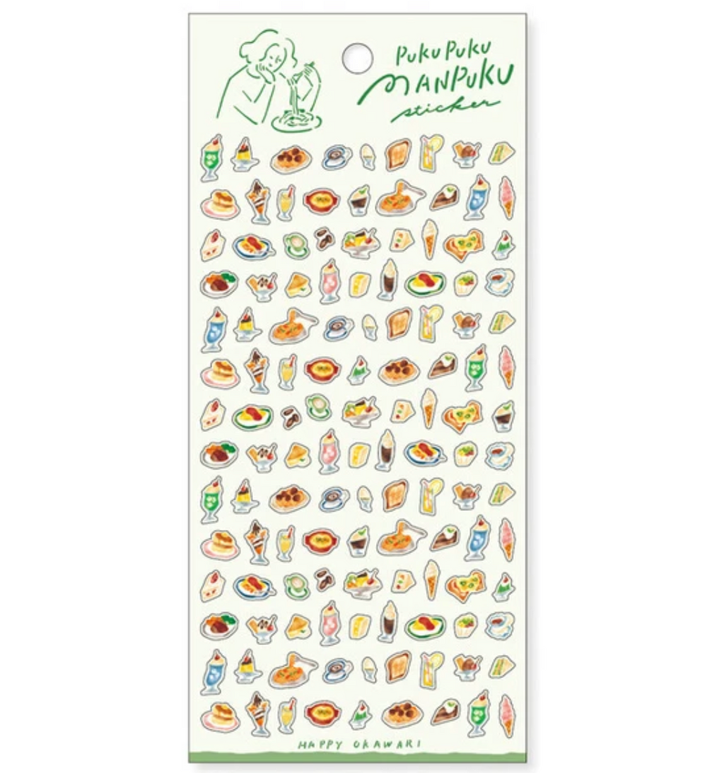 Sheet of Western-food theme mini stickers with green back card placed on white background.